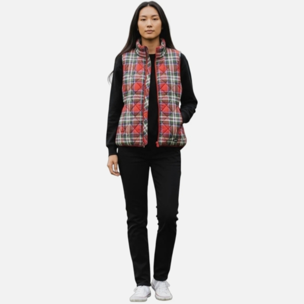 Lands End Puffer Vest Women's Size Large Red Plaid Tartan Quilted Down New!